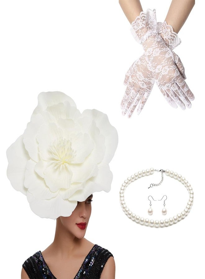 LDFWAY 4 Pack Large Flower Fascinators Hat for Women Headband Tea Party with Lace Gloves Necklace Earrings Set for Women Girls Wedding Accessories Beige - Image 1